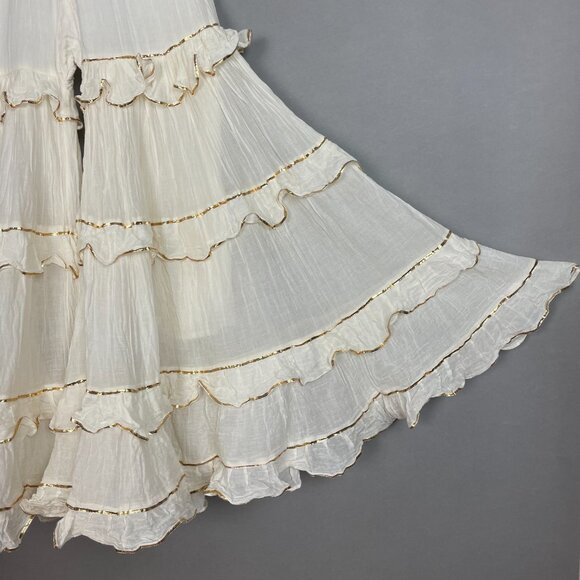 Sharara Bottoms Pants Tiered Gold Trim Flared Voluminous Off-White Elastic Waist - Picture 10 of 16
